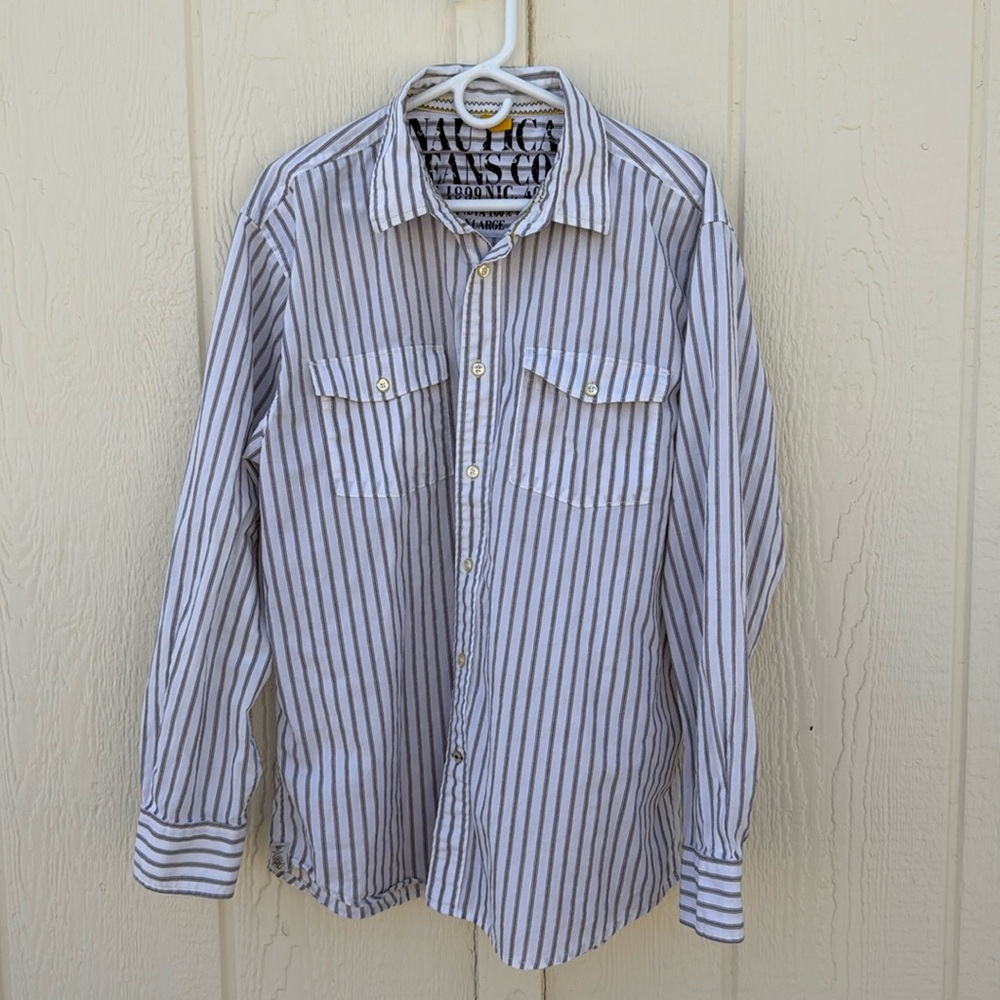 Nautica Jeans Y2K Mens XL Button Down Classic Striped Shirt Long Sleeves Pockets